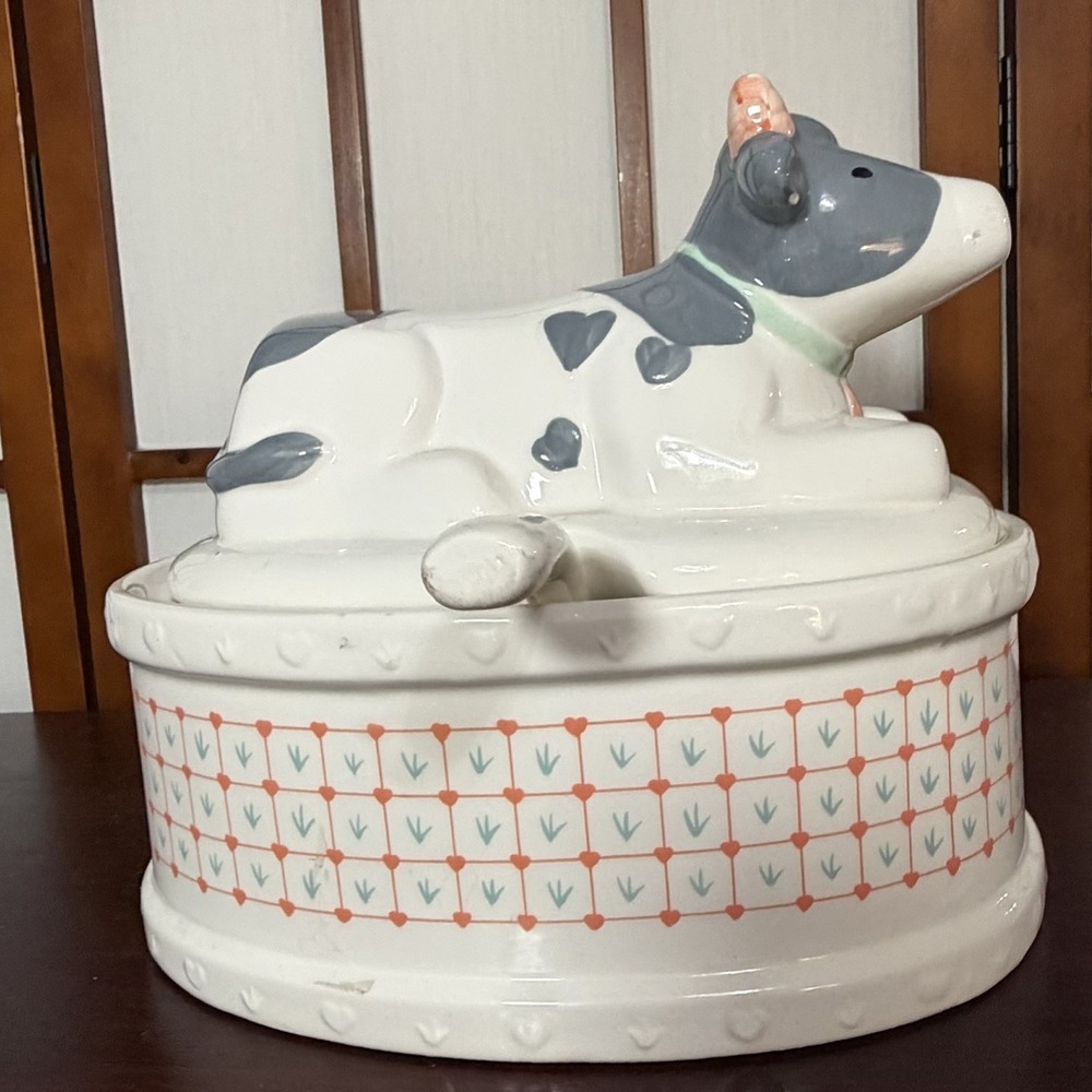 Himark Peaches N Creame Large Gravy/ Soup Bowl Ladle Set Cow Design RARE! Hearts